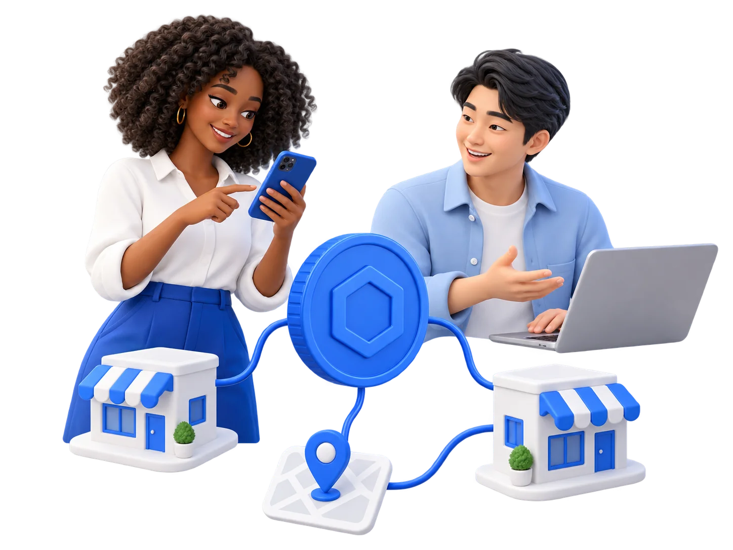 A coin community connected to shops and a merchant map