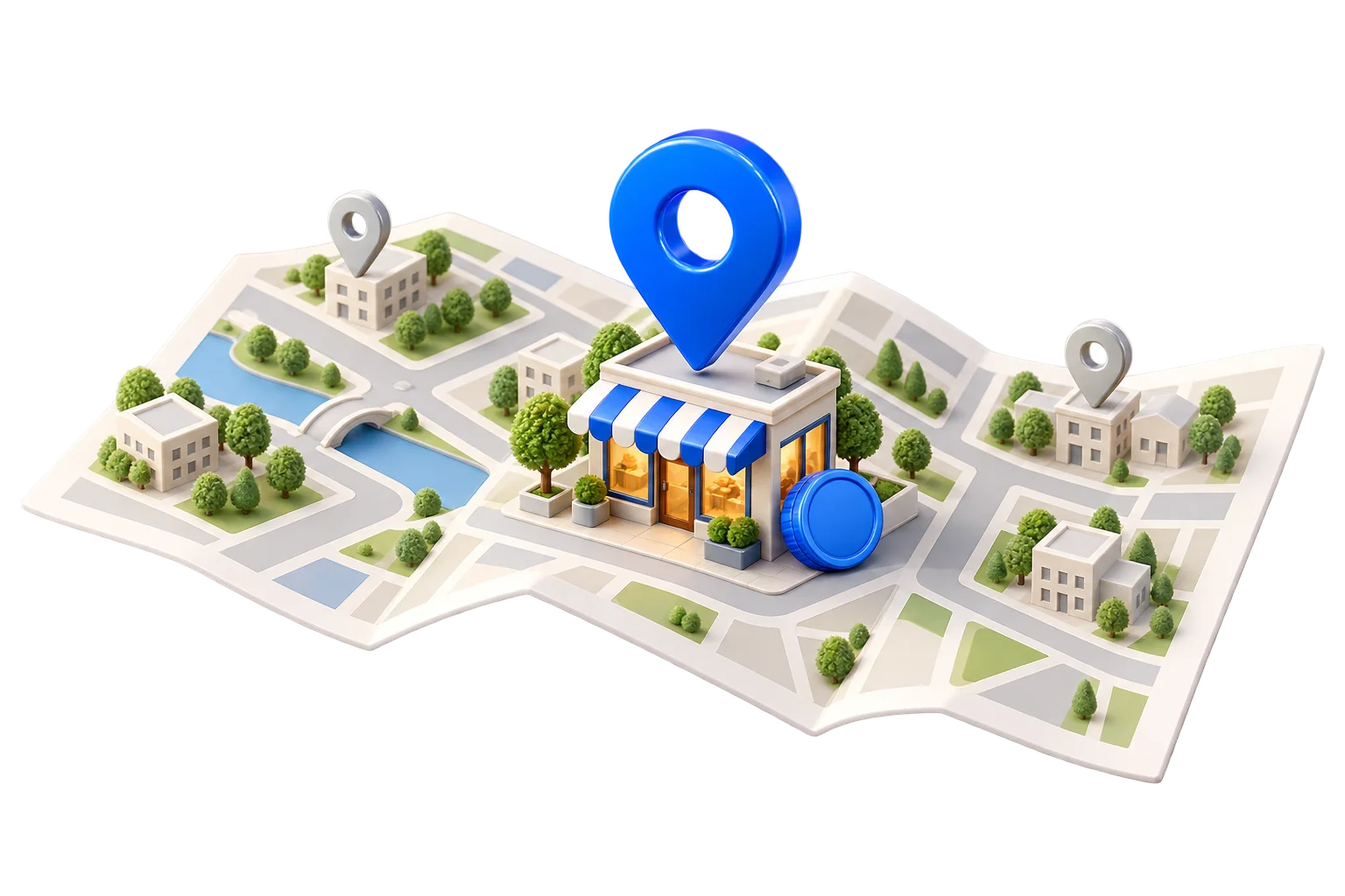 Una tienda que acepta criptomonedas destacada con un marcador azul en un mapa urbano