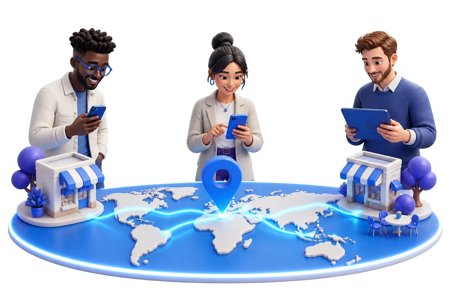 People discovering crypto-friendly businesses on a global map