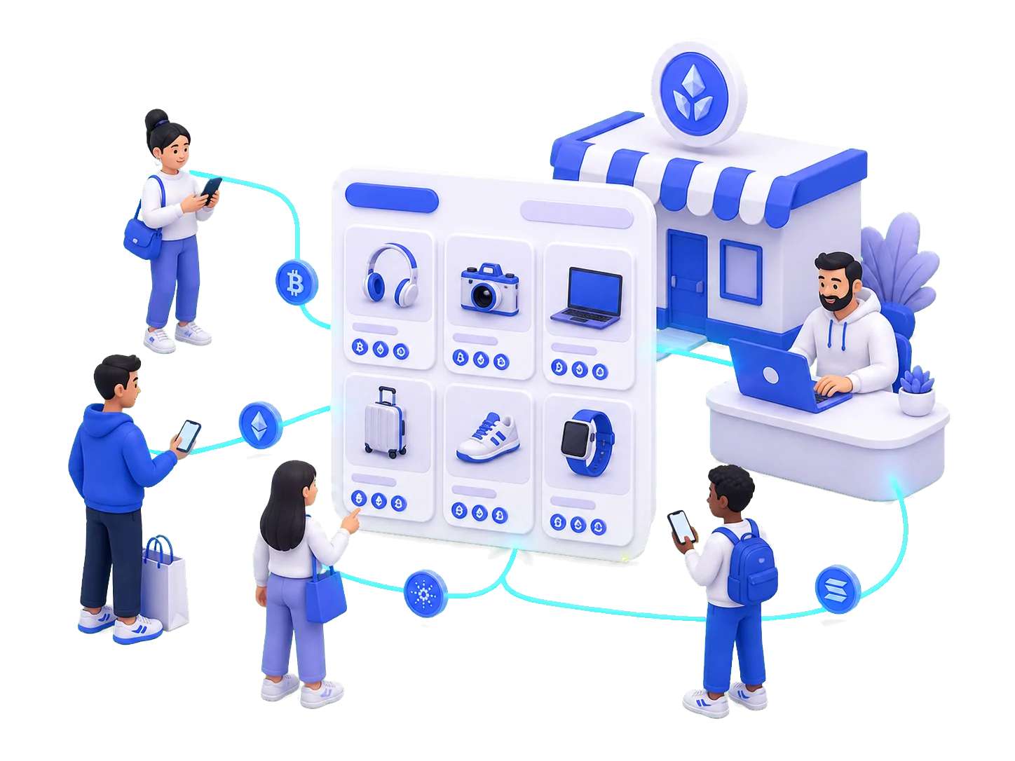 Crypto shoppers discovering product listings and a merchant store through Cryptwerk Market