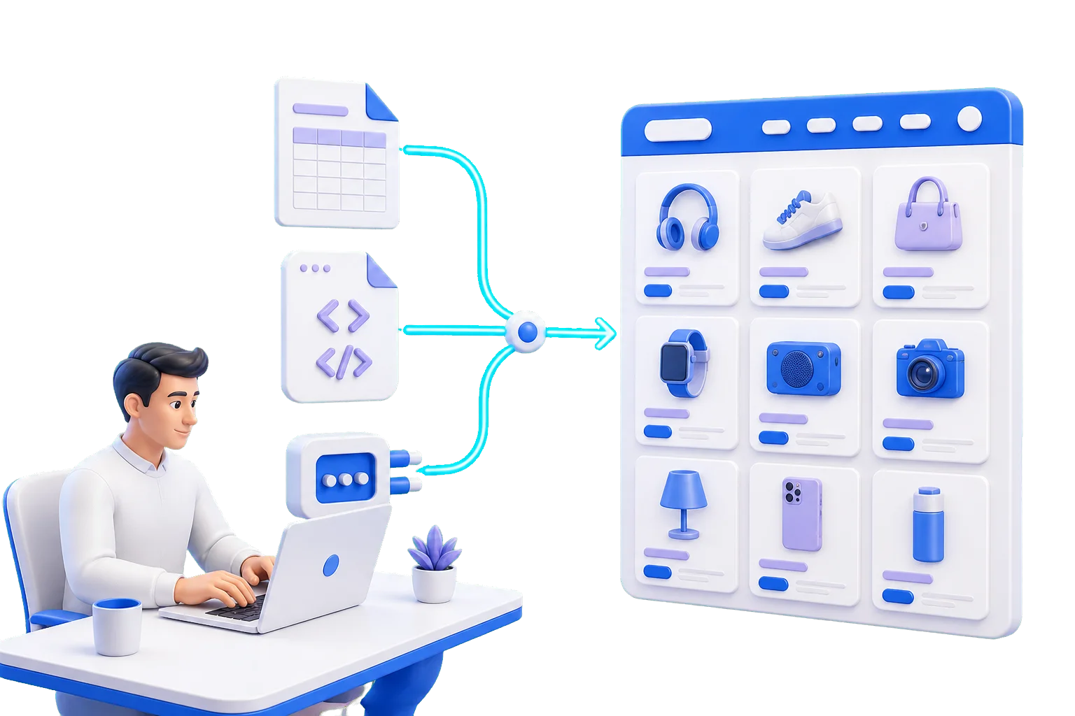 A merchant connects CSV, XML and API product data into a Cryptwerk Market catalogue