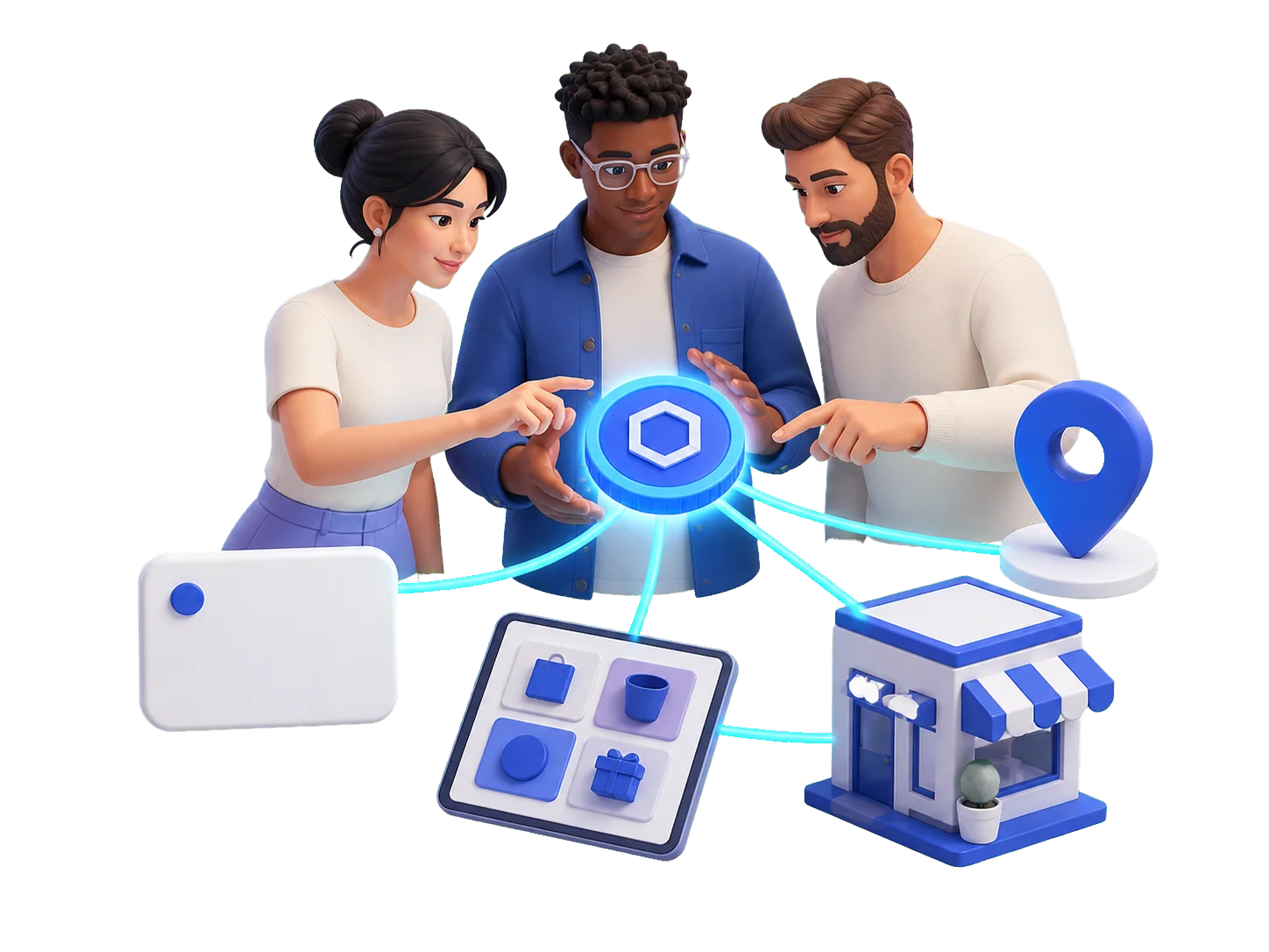 Coin project team connecting their token with products, merchants and locations