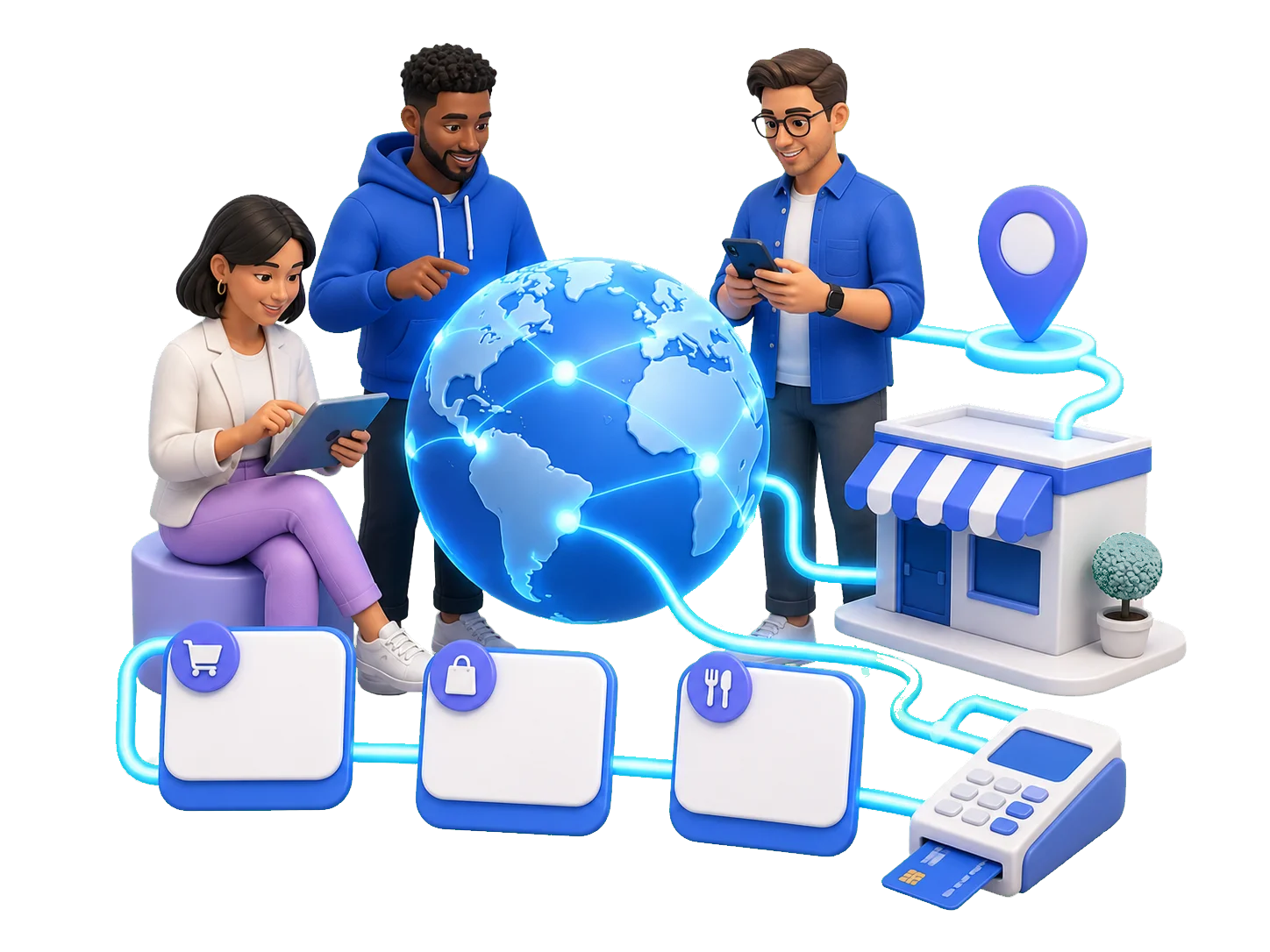 Crypto project team connecting a coin with merchants around the world