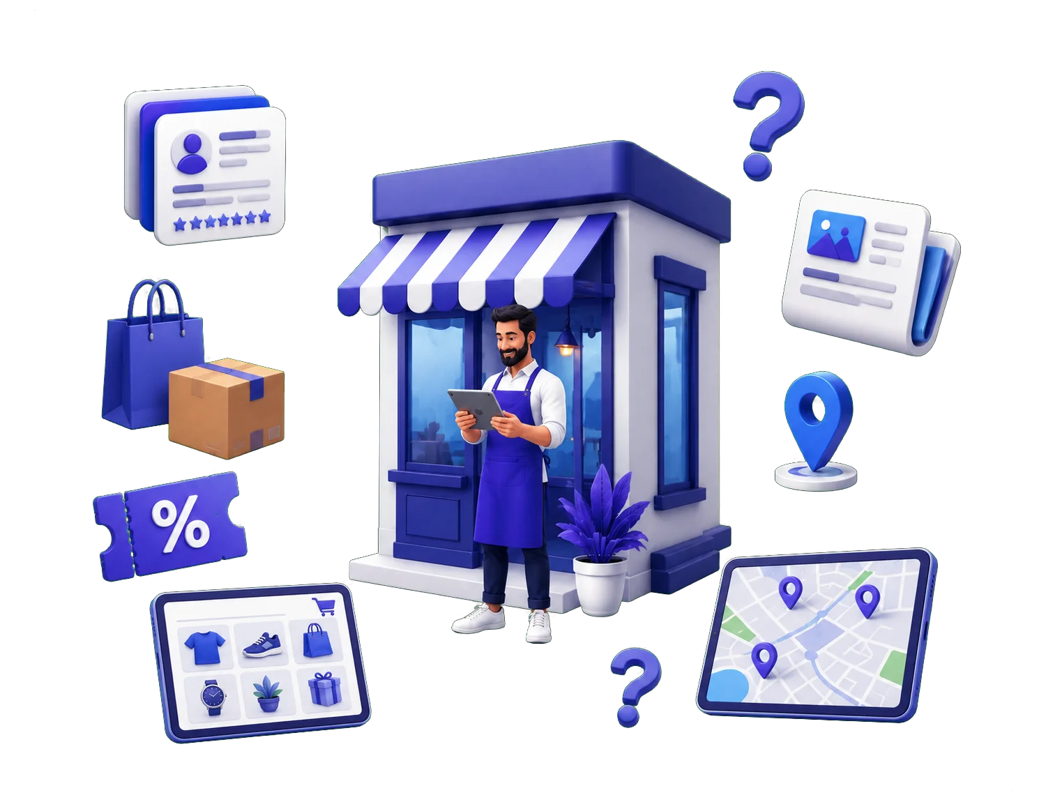 Merchant using a tablet, surrounded by directory, market, discount and map discovery tools