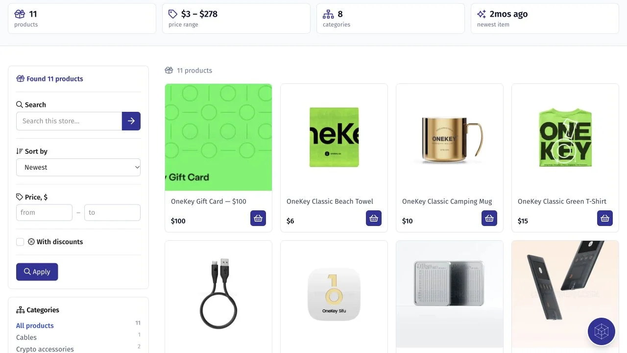 Catálogo público de OneKey en Cryptwerk Market, con tarjetas de productos y filtros de búsqueda
